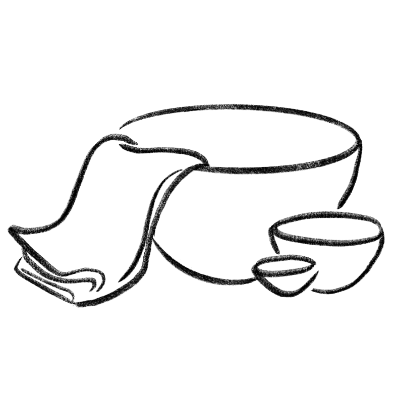 A simple crayon drawing featuring a large mixing bowl with a folded towel hanging off of it, a tiny bowl, and a medium-sized bowl