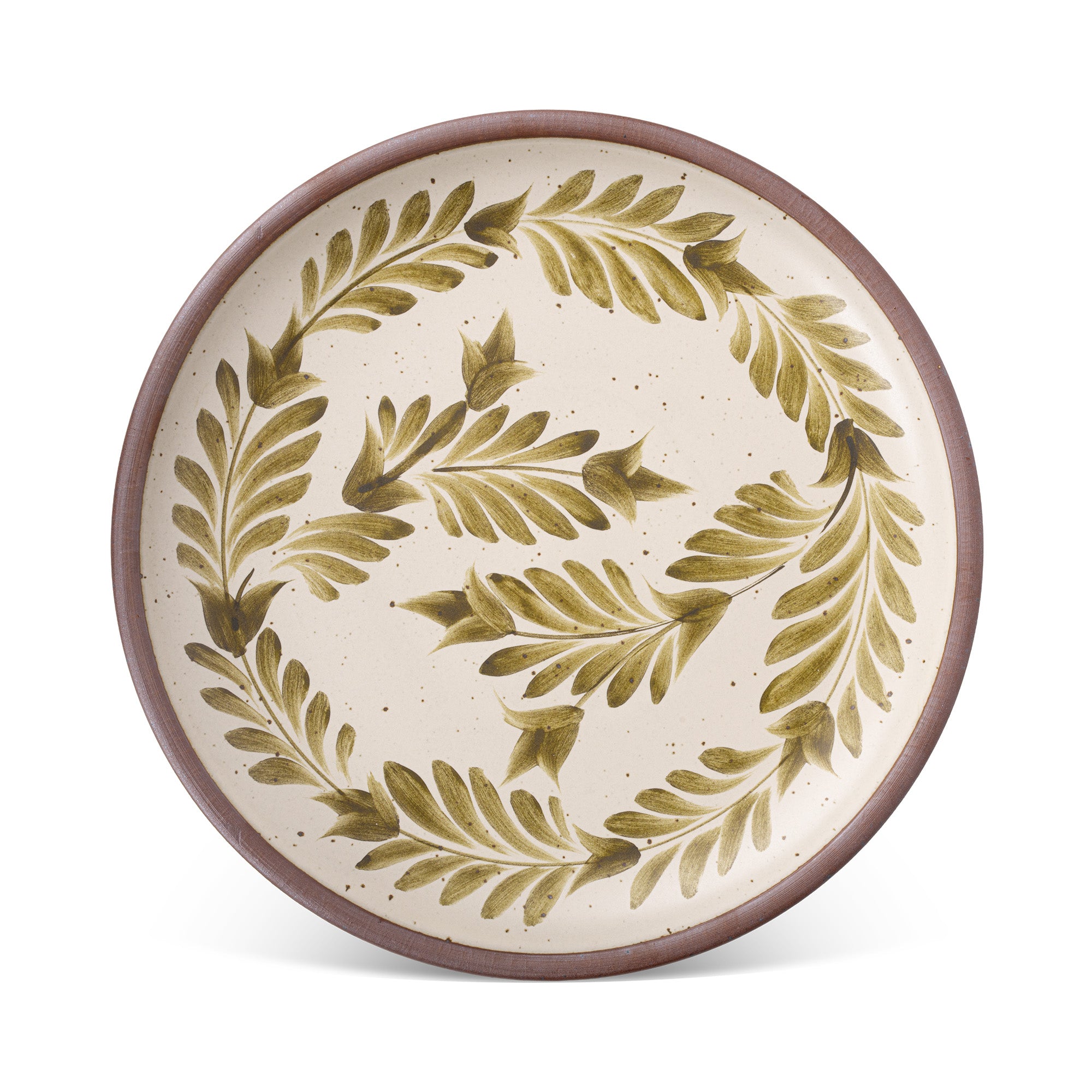 A large ceramic platter in a warm, tan-toned, off-white color featuring iron speckles and an unglazed rim, with handpainted greenery in an olive green color.