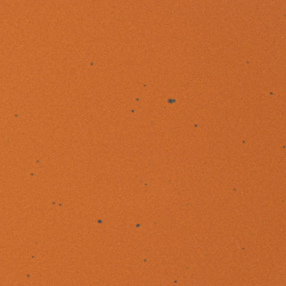 A closeup of a ceramic plate in an earthy orange color with iron spots