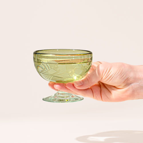 A hand holds an olive etched coupe glass with a pedestal base and delicate botanical pattern with a drink inside.