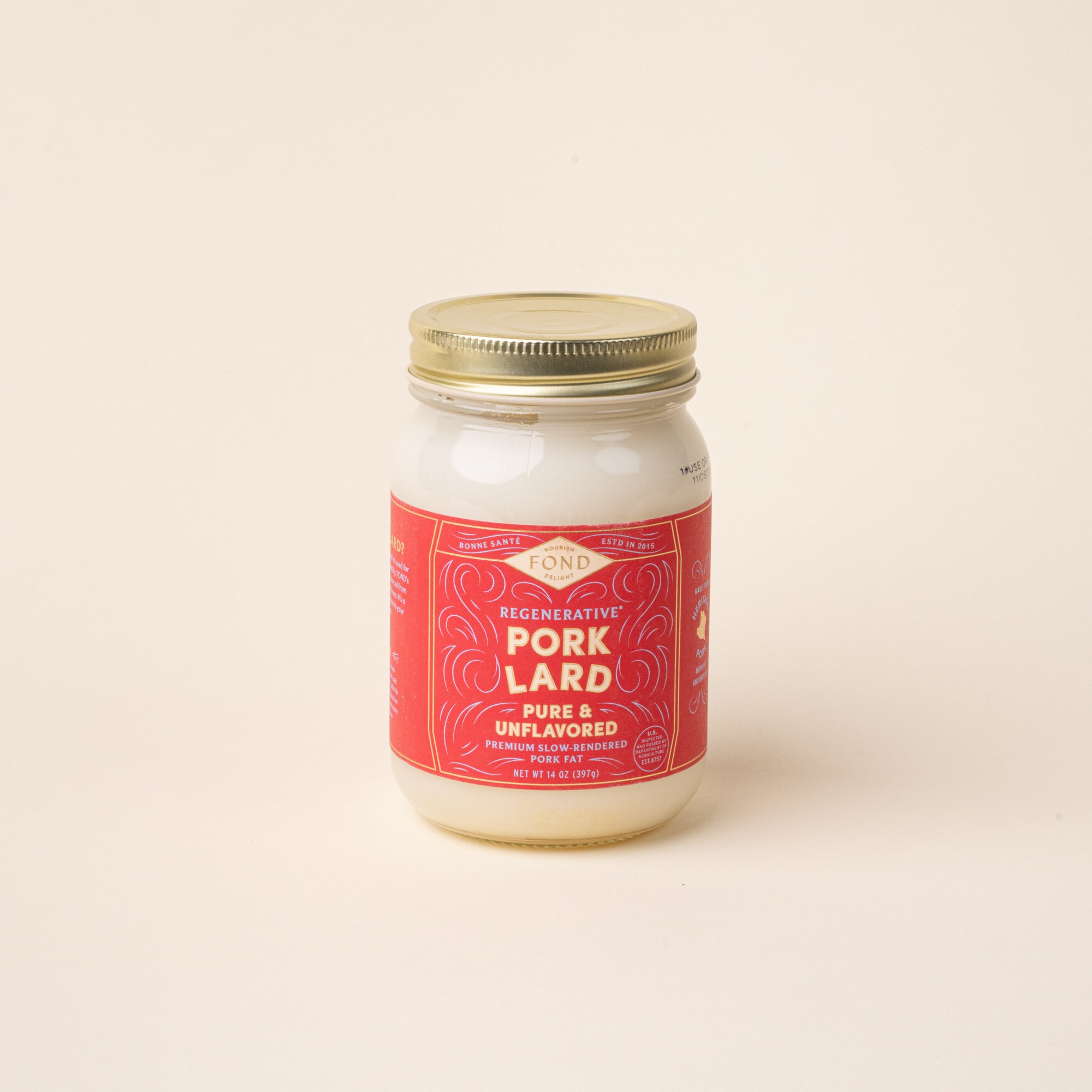 Jar of Fond Regenerative Pure & Unflavored Pork Lard on a plain white background.