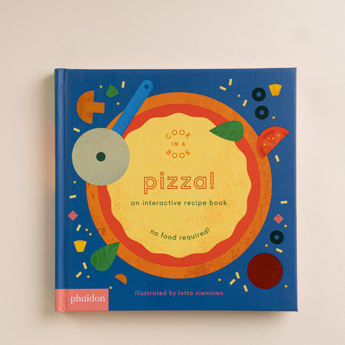 Blue cover of the Pizza! interactive recipe book with a colorful illustrated pizza and pizza cutter.