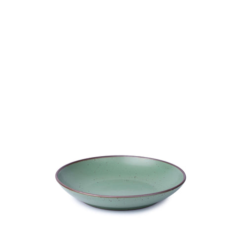 A small ceramic plate with a curved bowl edge in a cool green color featuring iron speckles and an unglazed rim.