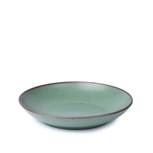 A large ceramic plate with a curved bowl edge in a cool green color featuring iron speckles and an unglazed rim.