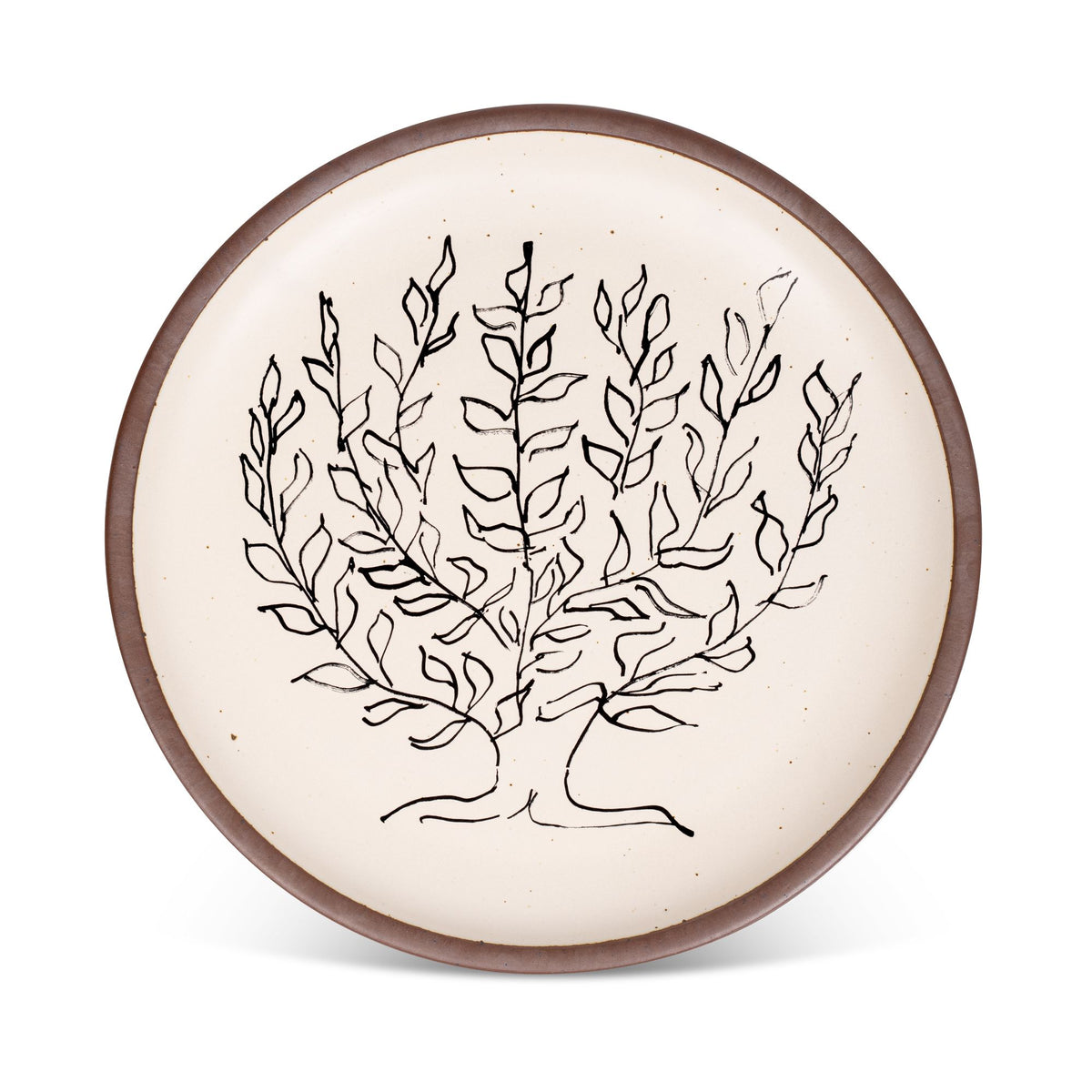 A large serving platter in a warm off-white color with unglazed rim with a black decal of the artwork, Le Platane, from Henri Matisse.