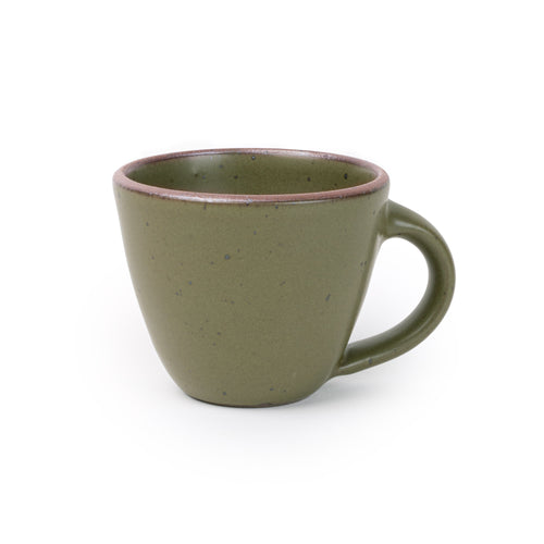 Round stoneware mug with handle, in an olive green color with iron speckles and an unglazed rim.