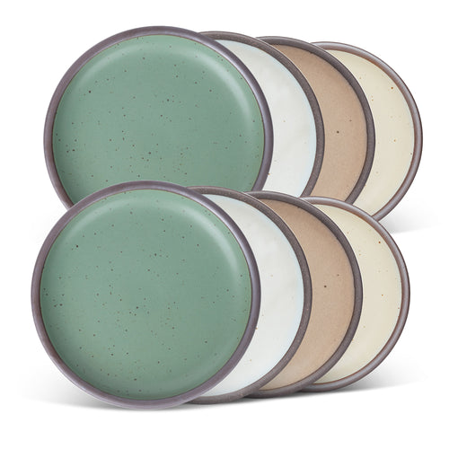 Eight ceramic plates fit for lunch of small meals in a viridian green, warm brown, warm white and cool white glazes.