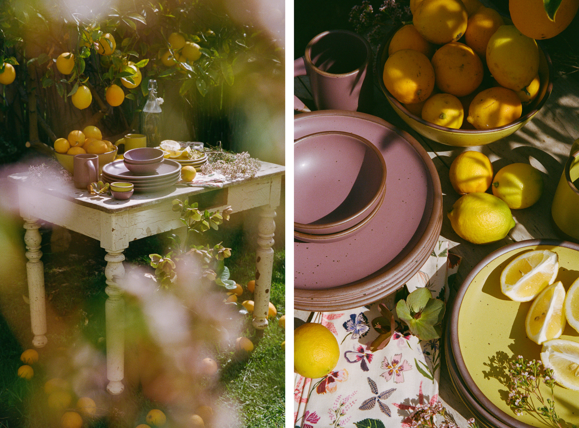 2 Photos of a similar scene, one up close and one far away: a table is filled with ceramic dinnerware in zesty yellow and soft mauve purple, lemons, plants, floral napkins, and more.