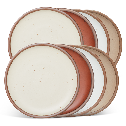8 dinner sized ceramic plates in a cool terracotta, warm off-white, cool white, and warm pale brown colors featuring iron speckles and an unglazed rim