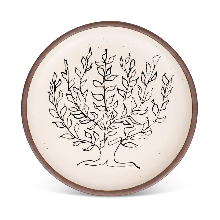 A large serving platter in a warm off-white color with unglazed rim with a black decal of the artwork, Le Platane, from Henri Matisse.