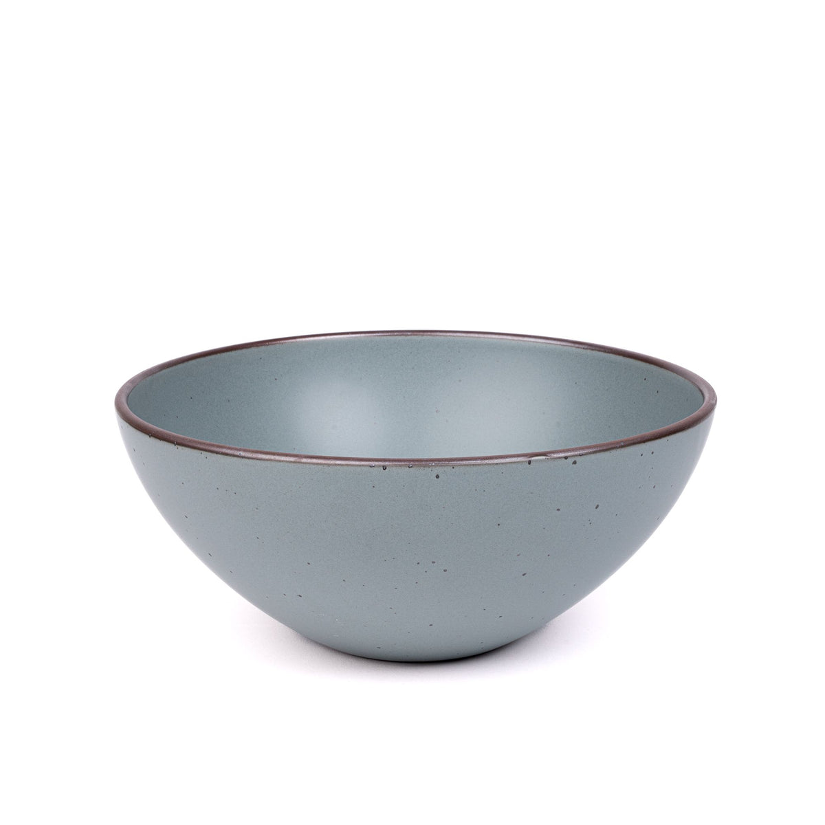 A large ceramic mixing bowl in a blue-grey color featuring iron speckles and an unglazed rim